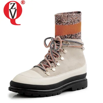 

ZVQ cool woman booties cow suede leather purple apricot ankle boots autumn winter lace-up women's flats shoes drop shipping