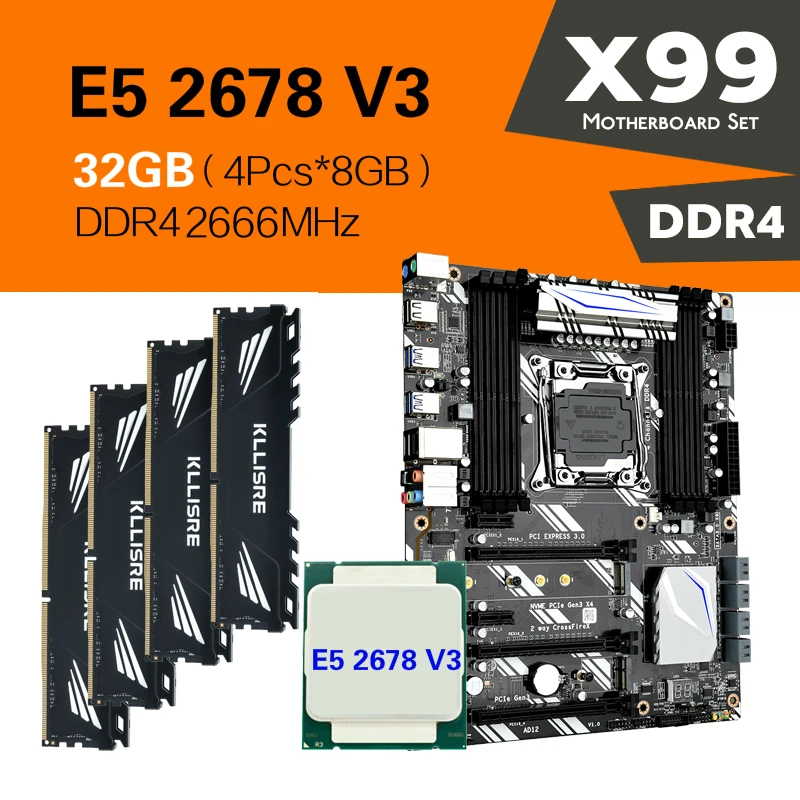 Комплект материнской платы Kllisre X99 D8 с Xeon E5 2678 V3 LGA2011 3 ЦП 4 шт. X 8 ГБ = 32 Гб 2666 МГц DDR4