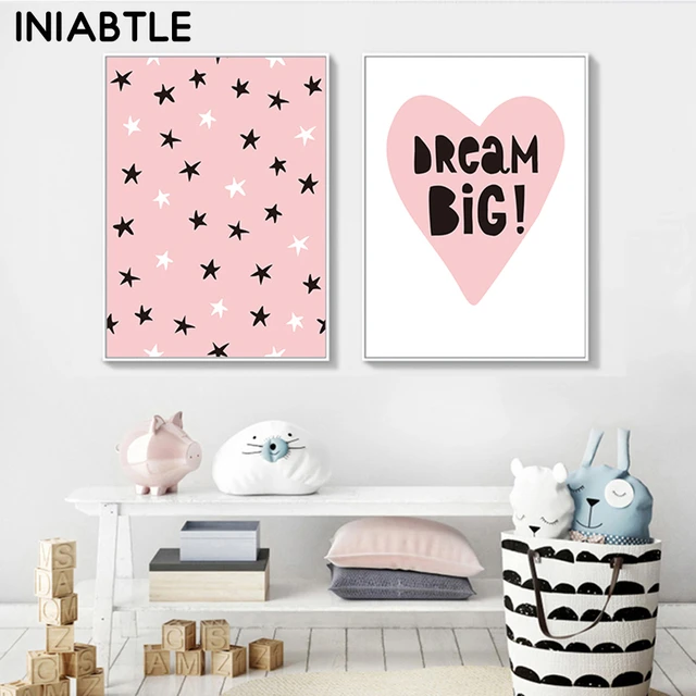 Pink Heart Star Dream Big Nursery Wall Art Canvas Poster Child Print Simple  Painting Nordic Kids Picture Baby Girl Room Decor - Painting & Calligraphy  - AliExpress