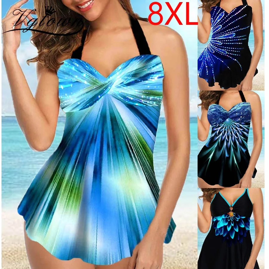 Новинка, Женский танкини, купальный костюм, купальник размера плюс 8XL, пляжная одежда, обычный, мягкий, без косточек, комбинезоны с высокой талией и подкладкой