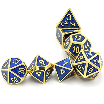 

A Set Of 7 Dice Shiny Gold Finishes with Royal Blue Enamel Paint Tabletop Game