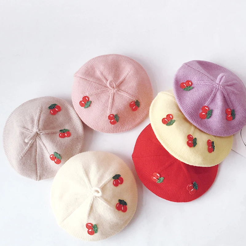 Baby Girls Cherry Patch Beret Hat Newborn Knitted Beanie Candy Colors Infant Berets Winter Autumn Warm Cap Hats Painter Hat