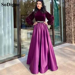 SoDigne Arabia Purple Velvet Prom Dress 2022 Elegant Muslim Beaded Long Sleeve Floor Length Formal Evening Dress robes de soiree