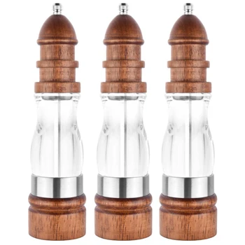 

3PCS Wooden Salt and Pepper Grinder Set - Wood and Acrylic Mills, Adjustable Coarseness Ceramic Grinder