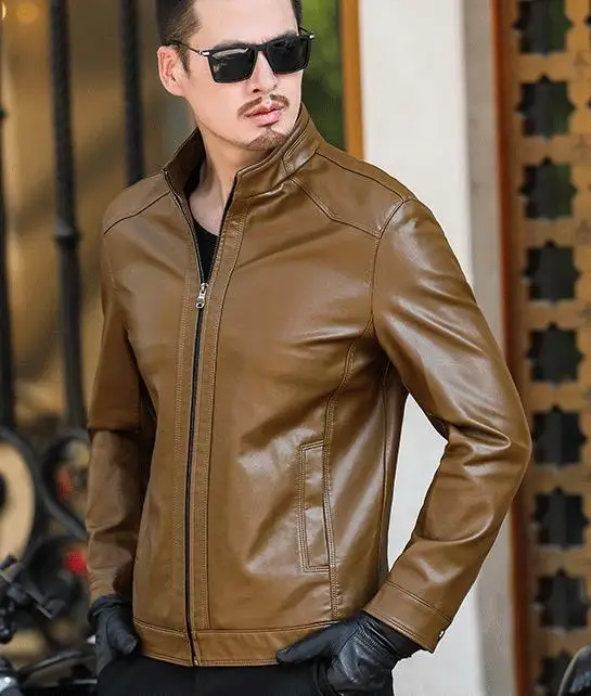 yellow khaki Мужская куртка из натуральной кожи больших размеров 4XL 5XL 6XL весна и осень на молнии, мужская кожаная куртка из овчины, верхняя одежда для отца P07 - Цвет: yellow khaki