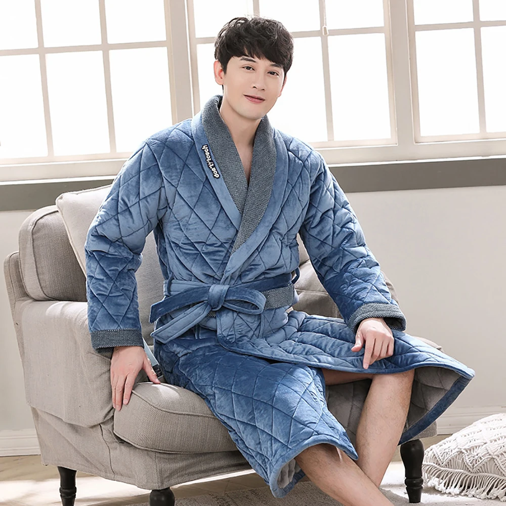 mens pajama pants Winter Men's Bathrobe Terry Robe 3-layer Flannel Super Thick Warm Dressing Gown Luxury Solid Plaid Long Robe For Man Towel Towel mens silk pajamas short set Men's Sleep & Lounge