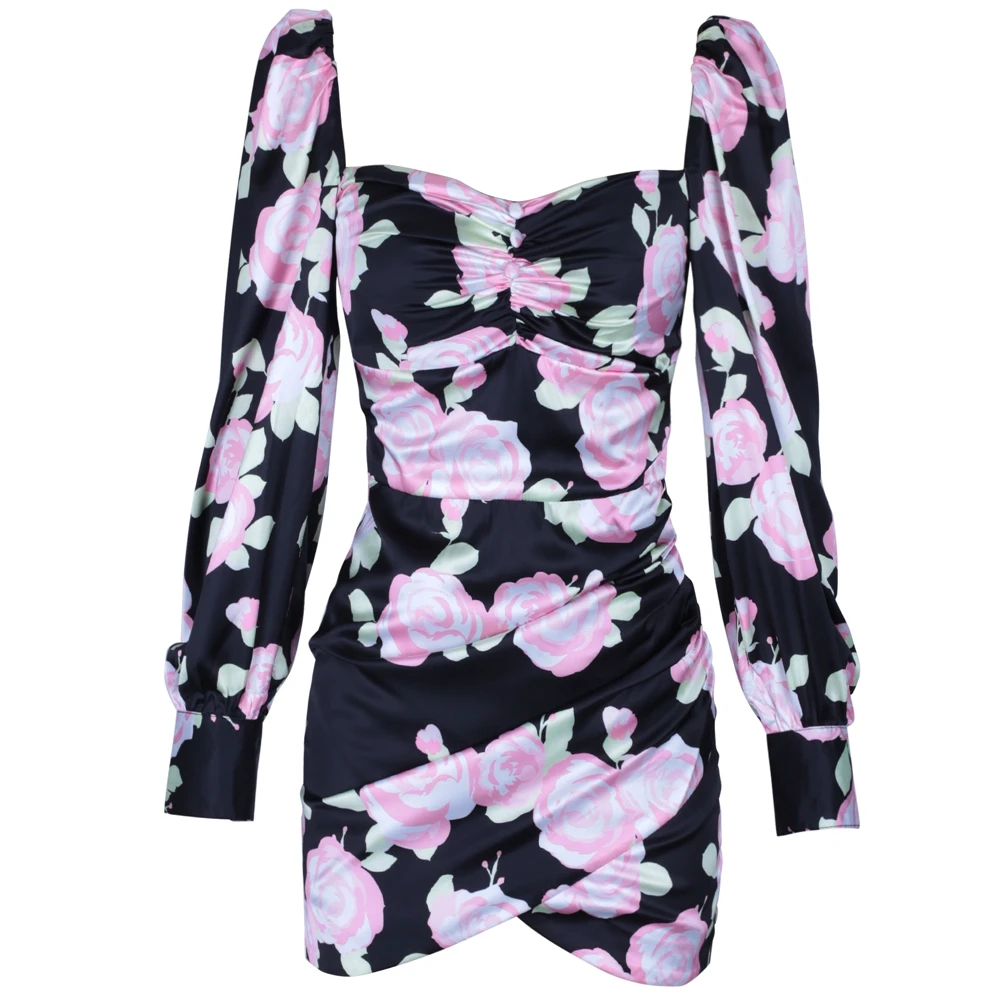 Maketina Bandage Dresses New Arrivals Women Stylor Square Collar Long Sleeve Mini Puff Sleeve Calico Bandage Club Dress