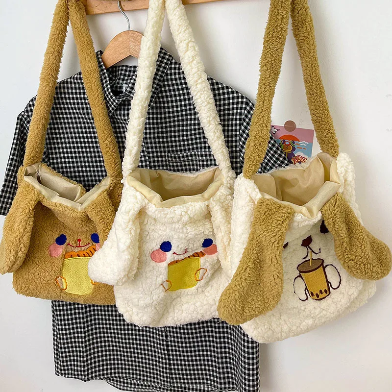 

Winter Women Plush Shoulder Bag Girl Lamb Hair Handbag Cute Cartoon Dog Soft Canvas Messenger Bag Warm Fabric Large Shopper Tote
