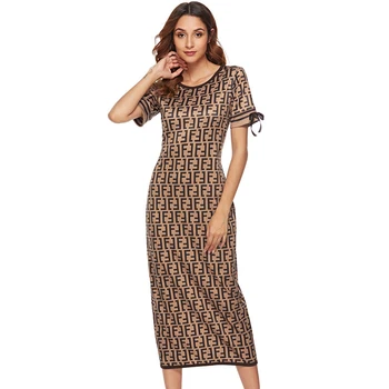 

Fashion 2020 new Summer Women Dress Work Office O Neck Elegant Ladies Print Pencil Slim Vintage Short Sleeves Midi Split Femme