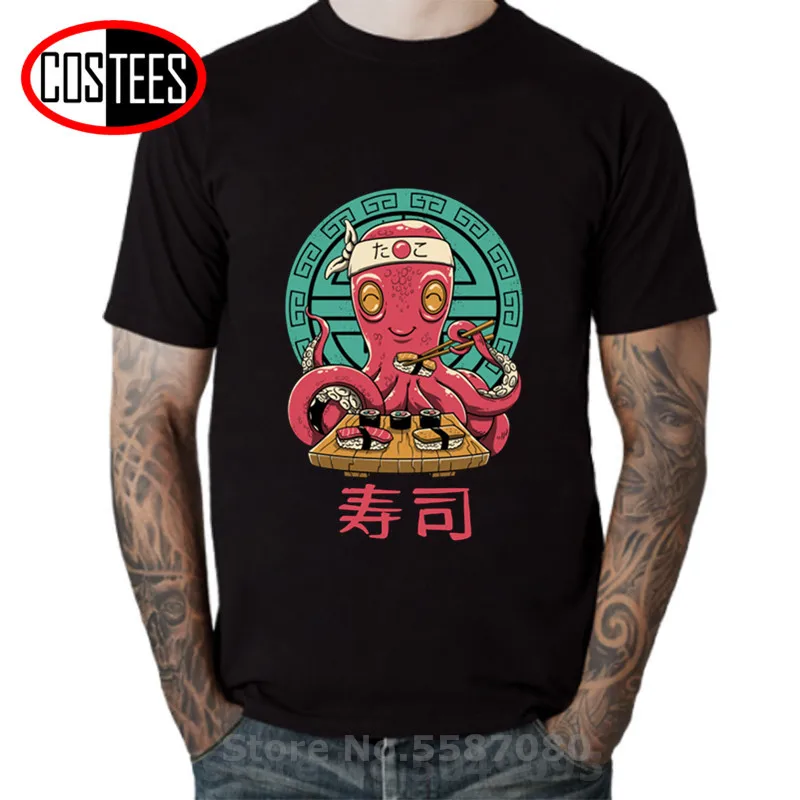 Japan Cartoon style Geek Octo Sushi Bar t shirt men Funny Octopus chef sushi t-shirt for foodies gift tasty food tshirt camiseta | Мужская