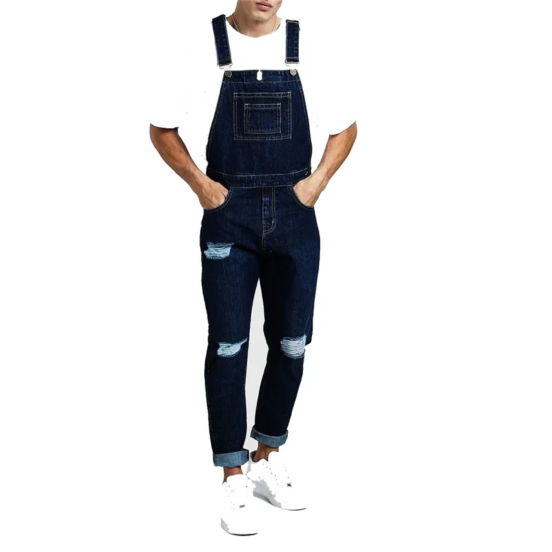 KIMSERE Для Мужчин's Марка NEW Fashion Hi Street рваные джинсы комбинезоны уличной моды рваные джинсовые Комбинезон с отверстиями, штаны с подтяжками S-XXXL - Цвет: Синий