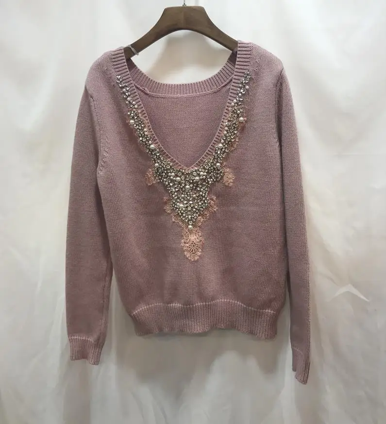 only pink sweater Роскошные кашемировые шерстяные костюмы с бриллиантовым бисером для женщин с глубоким v-образным вырезом, украшенные кристаллами, норковые кашемировые вязаные пуловеры, топы+ брюки F357 - Цвет: only pink sweater
