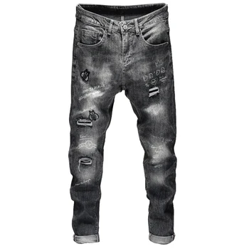 

Grey Embroidery Fashion Slim Jeans Slim Fit Men Cotton Pants Slim Jeans Fashion Cowboy Denim Trousers A3629
