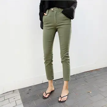 

Hot High Waist Elasticity Women Stretch Pencil Jeans Fashion Army Green Color Skinny Jeans Femme Small Slacks Jeans