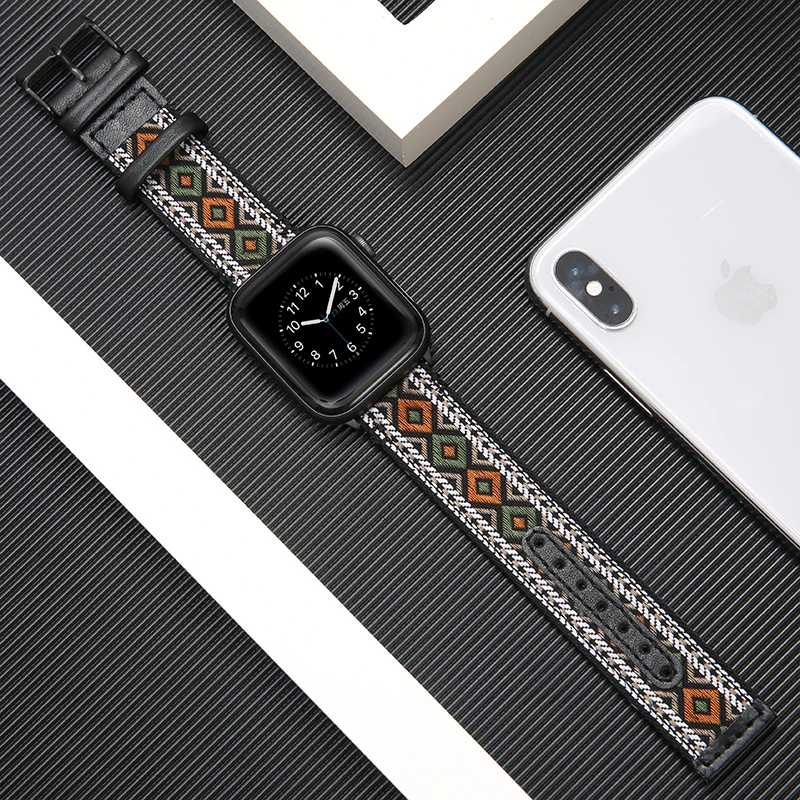 National Wind Fabric+Genuine Leather strap for apple watch band 42mm 38mm 44mm 40mm iwatch series 5/4/3/2/1 bracelet Accessories