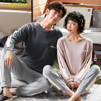 

New Soft Couple Long Sleeve Long Pants Pyjamas Man and Woman Sleepwear Crew Neck Summer Pajamas Set Cotton Spring Autumn
