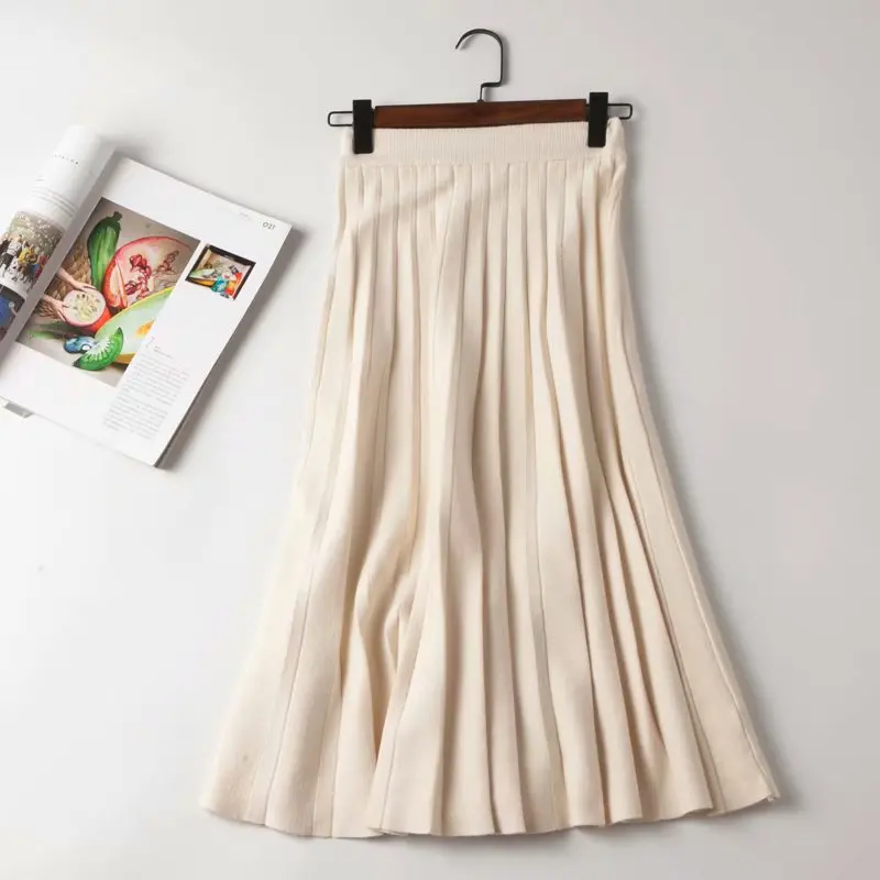 

2019 Autumn New Style Western Style Elastic Waist Solid Color Pleated Mid-length Skirt