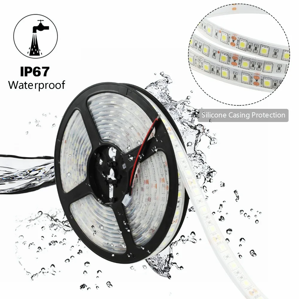 5M/lot DC12V SMD 5050 IP68 Waterproof Led Strip Light Flexible Roll Tape 60LEDs/m for Aquarium Underwater Swimming Pool kitchen outdoor Decoration