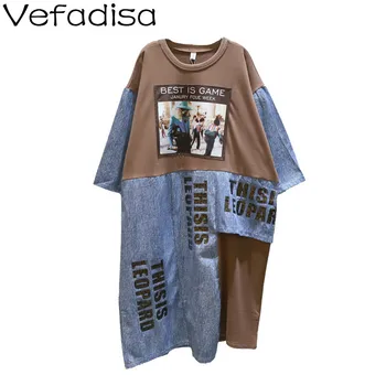 

Vefadisa Letter Print Women Dress Denim Short Sleeve Dress 2020 Summer Knee-Length Denim Patchwork Dress Loose Black QYF2203