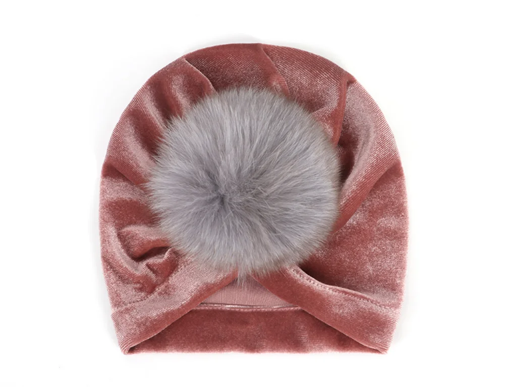 Autumn Winter Hat Baby Girl Toddler Faux Fur Pom Pom Beanie Turban Green Velvet Hat Fashion 1-2yrs