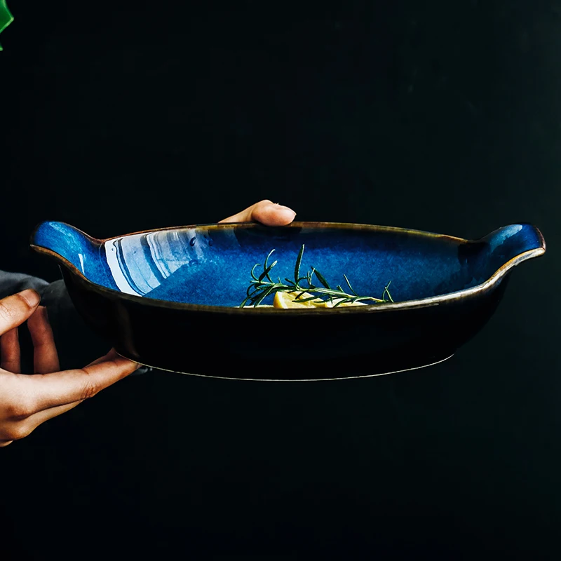 ANTOWALL Klin Blue Boat shaped plate ceramic long fish bowl baking cheese bowl dish
