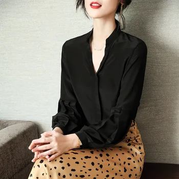 

Office Lady blouse women 2020 spring summer new black long sleeve top Chiffon shirt Stand collar shirts women silk clothing