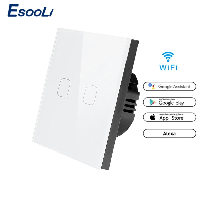 EsooLi белый сенсорный выключатель ewelink 2 банда 1 способ wifi сенсорный выключатель приложение беспроводной пульт дистанционного управления стандарт ЕС работа с Alexa Google Home