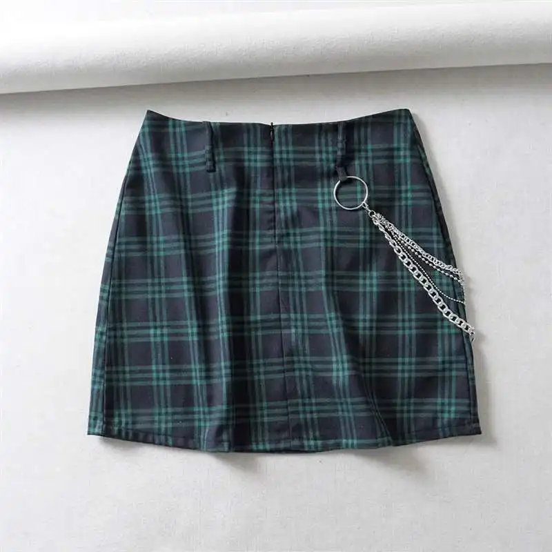 Plaid 2 UIDEAZONE/готические женские мини-юбки трапециевидной формы в стиле пэчворк с высокой талией в стиле хип-хоп; юбка с запахом для девочек выше колена с поясом в готическом стиле; уличная одежда - Цвет: Plaid 2