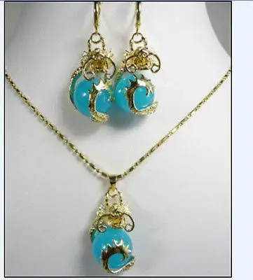 FREE SHIPPING&gt&gt@&gt gold plate dragon jade Pendant necklace Earrings set&gt&gt18K GP Plated Bridal wide watch wings queen JEW |