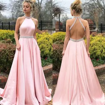 

New Arrival pink evening Dress Sleeveless Halter Beads SatinBackless Long Skirt Banquet Dress vestido longo