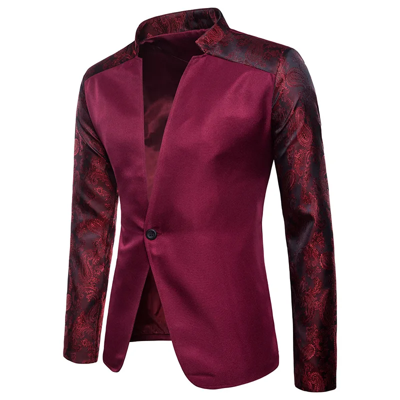 

2019 Fashion New Arrival Mens Blazers Solid Color One Button Floral Print on Sleeves Casual Slim Fit White Black Wine