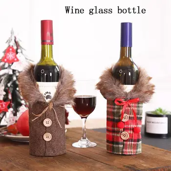 

Christmas New Table Red Wine Bottle Cute Striped Plaid Set Kitchen Supplies Accessories Bar Wedding Skirt Party Decoration M1W1