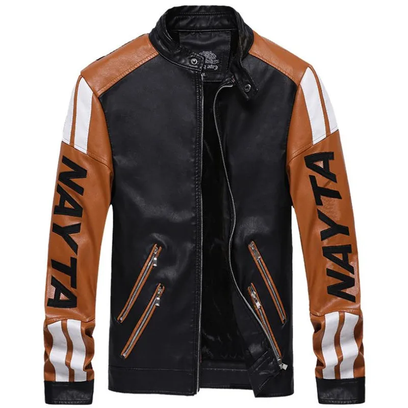 New Embroidered Men's Baseball Jacket Leather Pu Slim Fit Plus Velvet Pilot Stand Collar Top | Мужская одежда