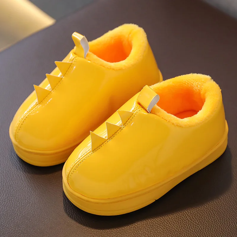 Yellow Мини Мелисса детская хлопковая обувь с динозавром из мультфильма зимние ботинки для мальчиков и девочек домашние тапочки плюс бархатная нескользящая обувь - Цвет: Yellow