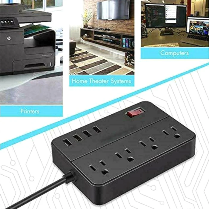 Power Strip Extension Cord Surge Protector Portable US with 4 USB Ports for Home PAK55