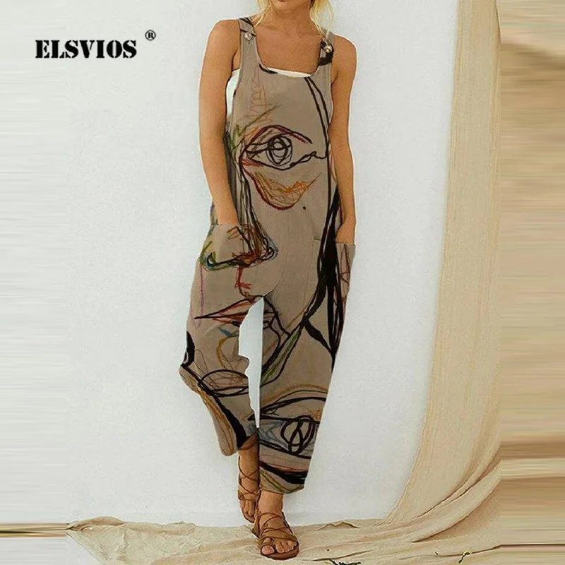

Abstract Printing Loose Overalls Women's New Cotton Linen Strap Button Pocket Jumpsuit Summer Casual Romper Female Sexy Trousers