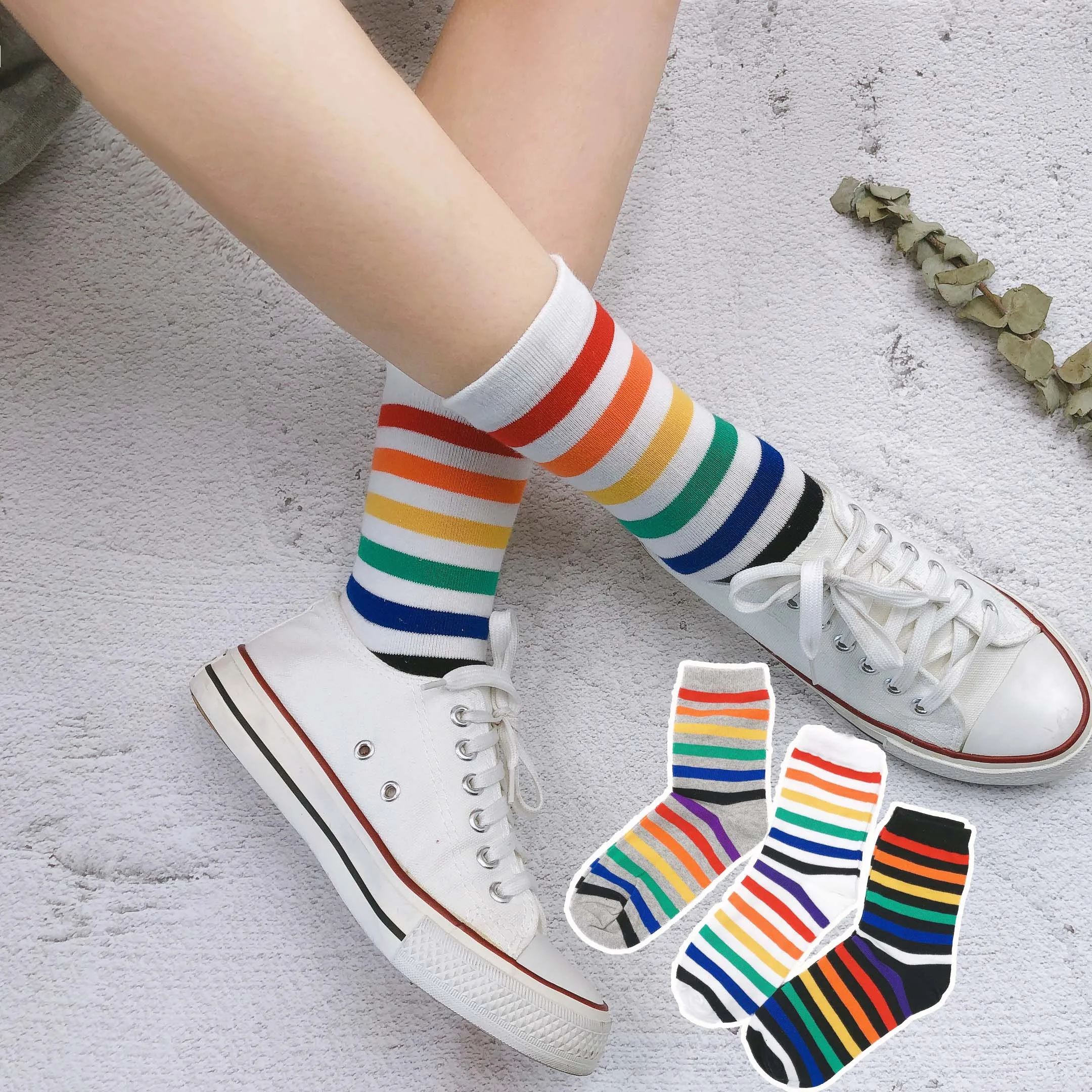 

3 pairs lot pack women Tide the new arrival fashion rainbow stripe sport cotton happy funny socks cute colorful