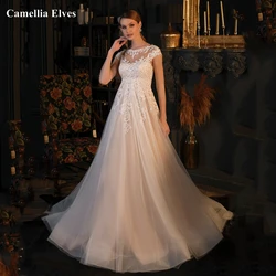 Vintage Lace Appliques Wedding Dress A Line Cap Sleeve Bride Dresses Illusion Button Backless Bridal Gowns Robe De Mariée