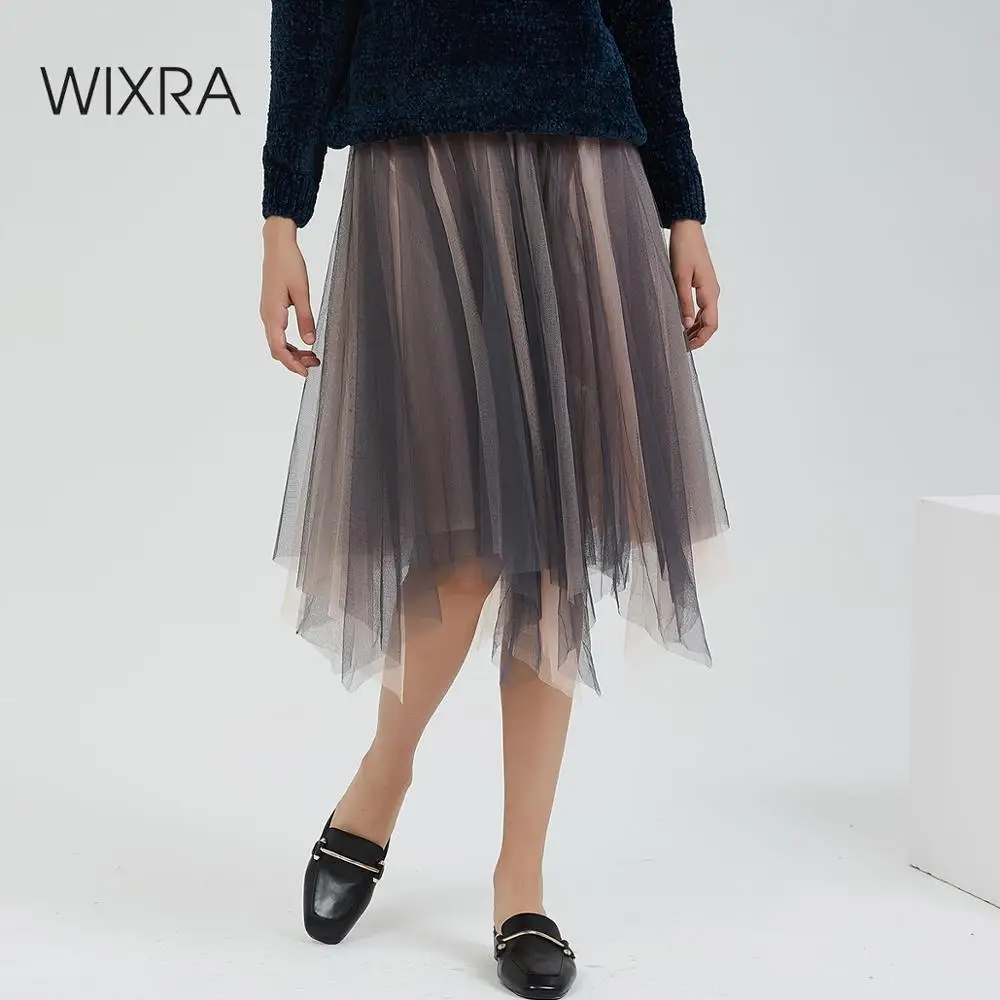 

Wixra Women 2019 New Mesh Skirts Elastic High Waist Mid-Calf Skirt Summer Autumn High Street Ladies Bottom