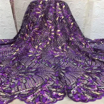 

2019 High Purple Sequence French Tulle Mesh Nigerian Sequins Lace,Swiss Voile African Sequence Lace Fabric for Dress 5yards