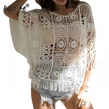 

Solid Crochet Beach Wear Hollow Sexy Bikini Cover Up Women Loose Beach Tunic Kaftan Tassel Swimming Cover Ups Bathing Suit