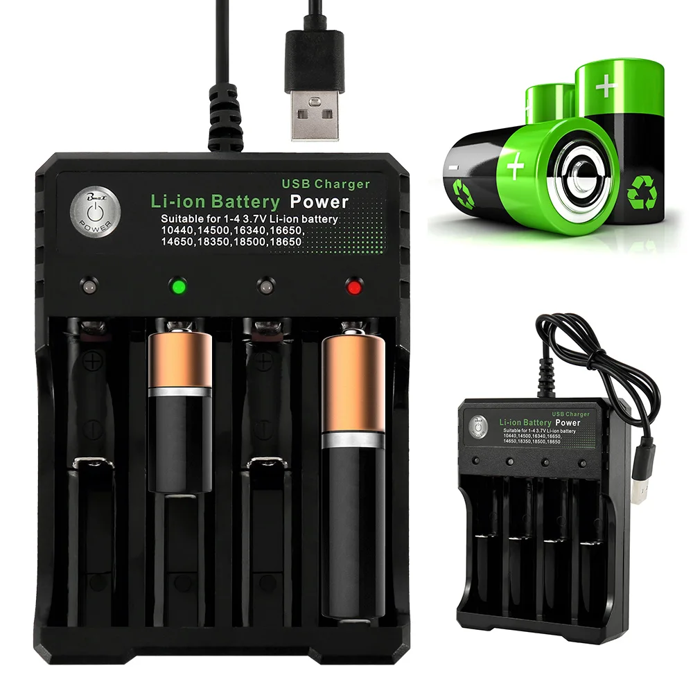 Совместимость 10440 14500 16340 16650 14650 18350 18500 18650 USB Батарея Зарядное устройство черные 4 слота Перезаряжаемые литий Батарея