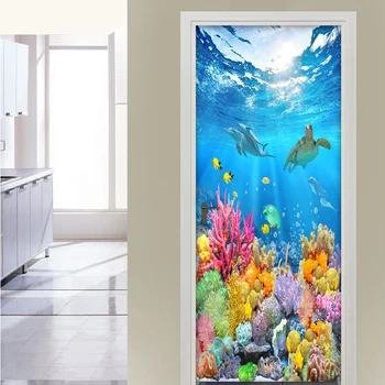 

Door Sticker Self Adhesive HD Deep Ocean Fish Wallpaper Diy Prints Pictures Wall Art Home Decor 3D Mural Bathroom Door Decal
