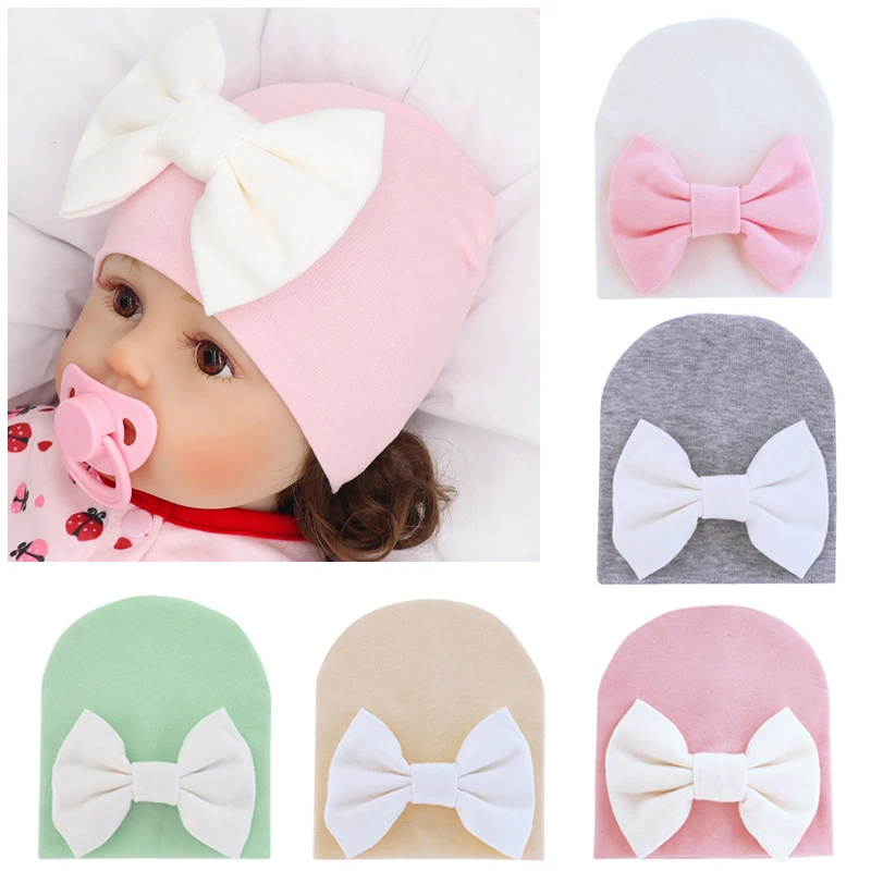 

Newborn Big Bows Hospital Chiffon Baby Hat Knitted Soft Nursing Beanie Hats Girls Photo Props Accessories for 0-6M Cap