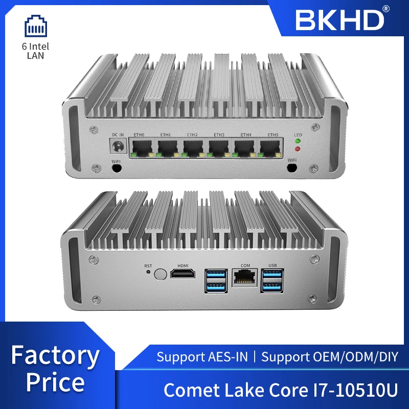 BKHD 6 Intel LAN безвентиляторный Pfsense Mini PC Core I7-10510U DDR4 Ram 4G AES-NI Linux сетевой сервер для ПК