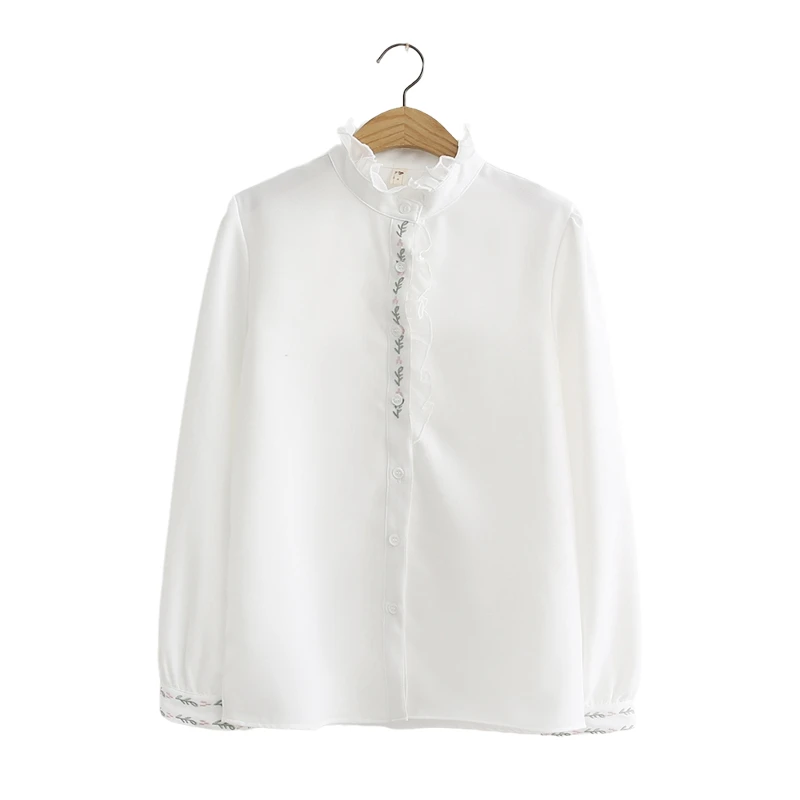 100% хлопок женская блуза с оборками и Рубашки Вышивка тонкий цветок универсальная