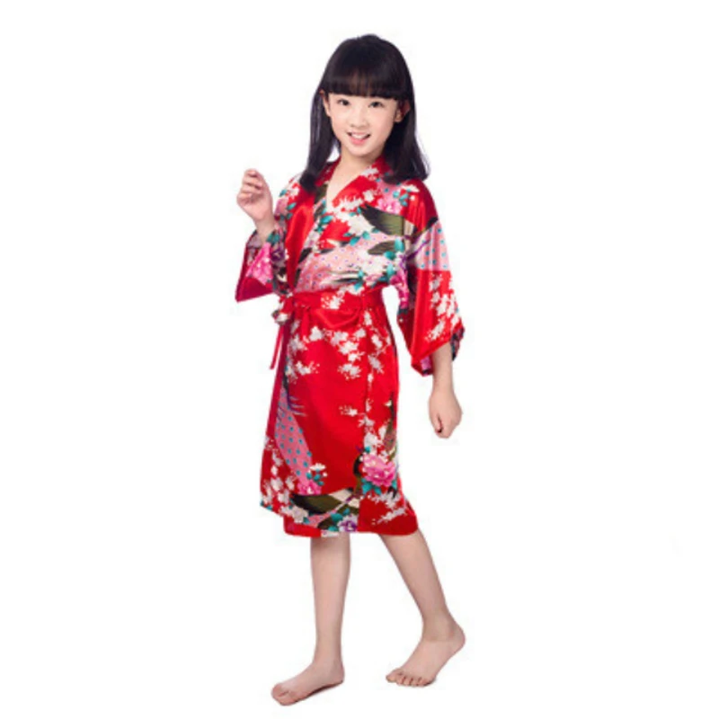 Child's Satin Kimono Robes for Girls Sleepwear Peacock Flower Robe for Spa Wedding Birthday Gift L274