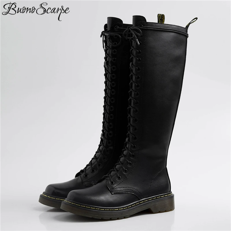 Buono Scarpe/высокие кожаные сапоги; женские сапоги до колена из натуральной кожи с круглым носком; женская обувь с перекрестной шнуровкой; Цвет Черный; Женская обувь в байкерском стиле