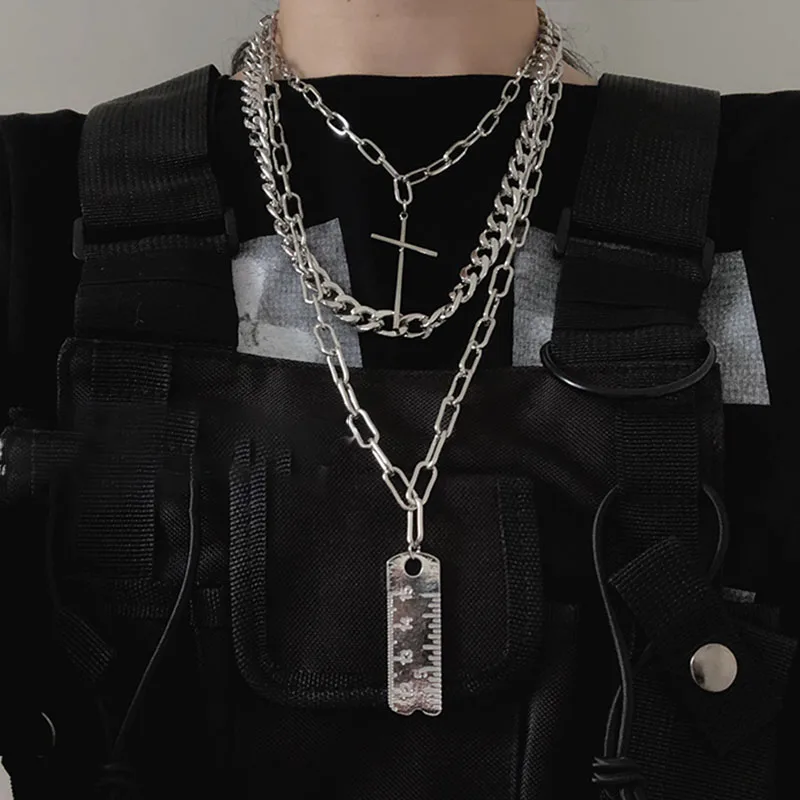 Панк серебряного цвета многослойный ожерелье с удлиненной цепью для женщин хип хоп крест Короткая подвеска с линейкой ожерелье чокер вечерние ювелирные изделия