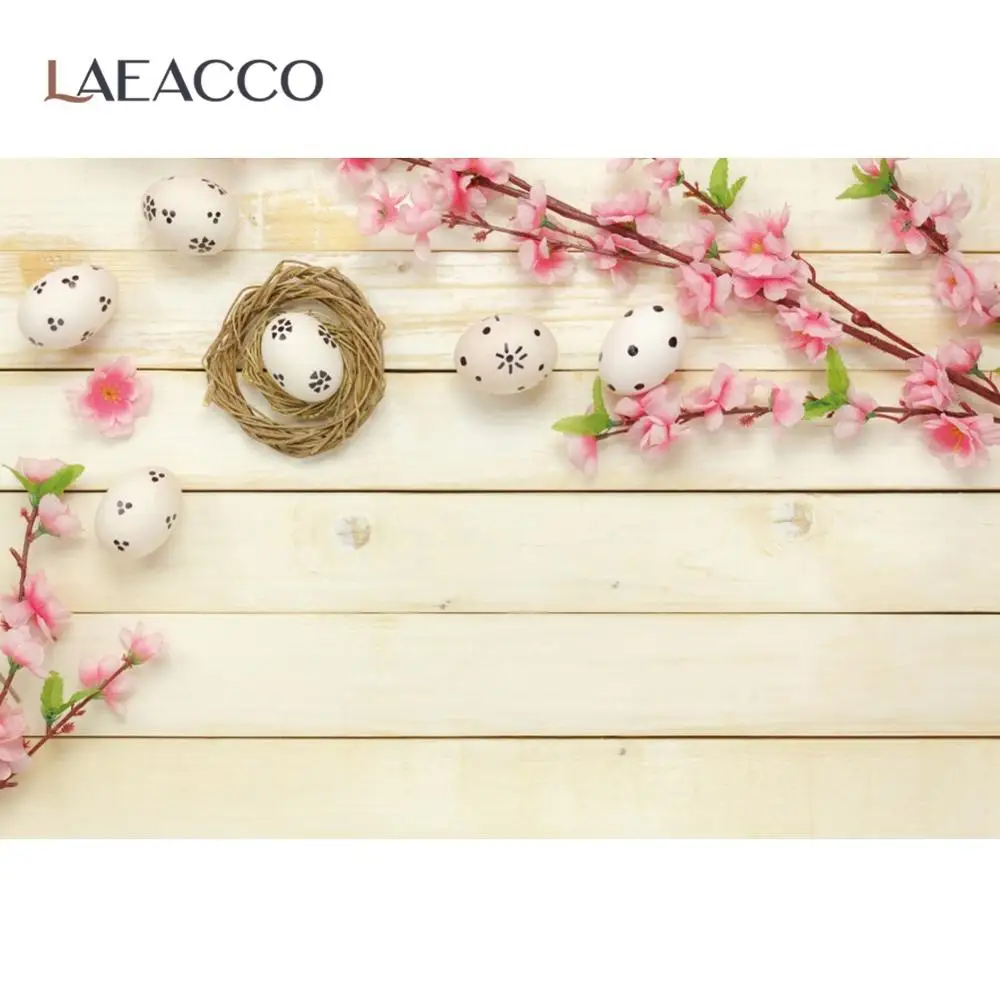 

Laeacco Planks Spring Cherry Flowers Branch Easter Eggs Baby Newborn Portrait Photo Background Photographic Bakdrop Photostudio